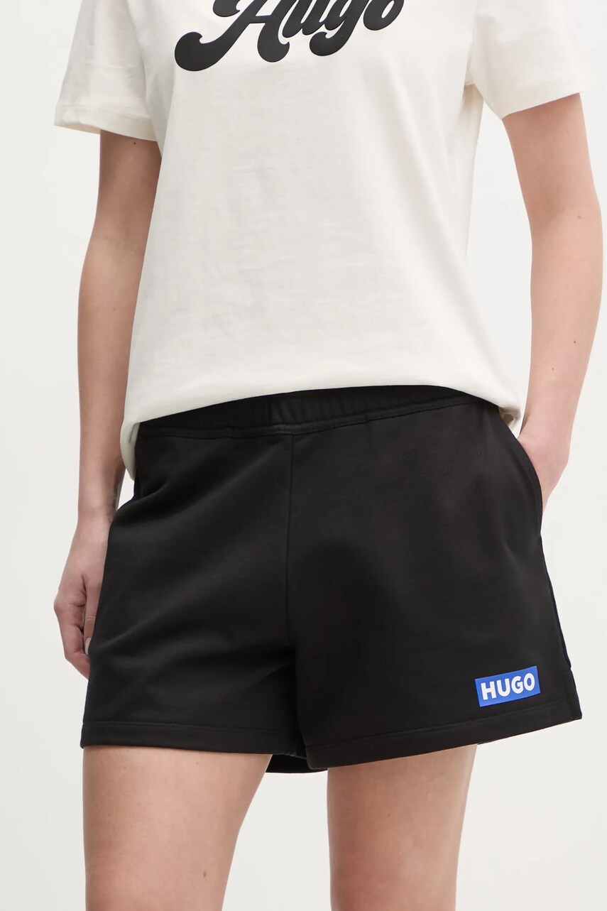 Hugo Blue pantaloni scurti din bumbac femei, culoarea negru, cu imprimeu, high waist, 50541122
