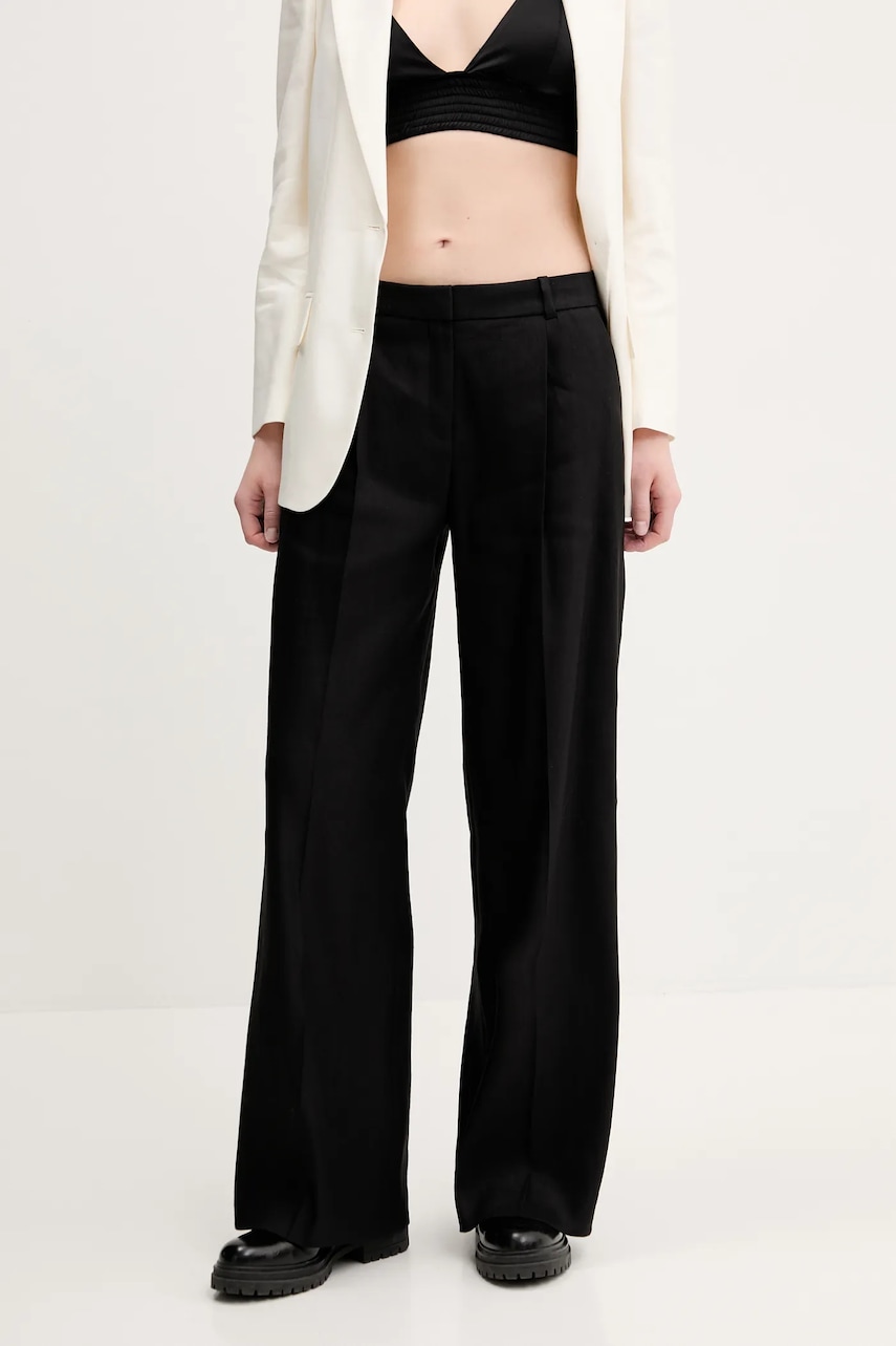 Levně Lněné kalhoty HUGO dámské, černá barva, široké, high waist, 50537619