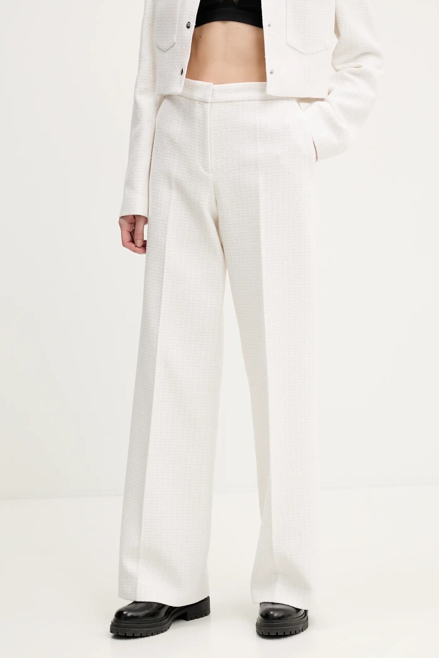 Levně Kalhoty HUGO dámské, béžová barva, jednoduché, high waist, 50538128