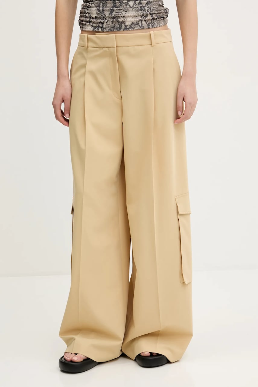 HUGO pantaloni culoarea bej, lat, high waist, 50538656