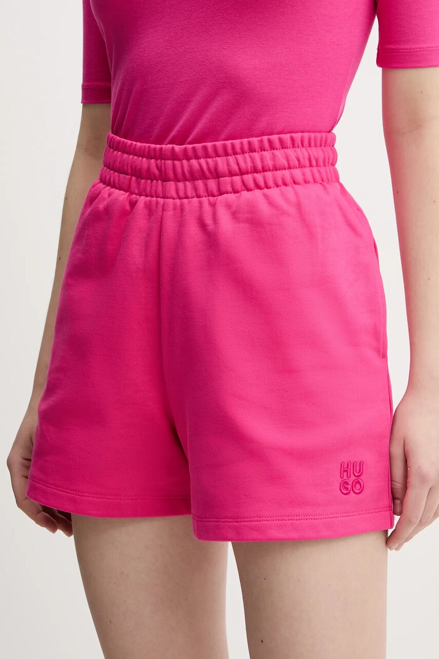 Levně Bavlněné šortky HUGO dámské, růžová barva, s aplikací, high waist, 50536943