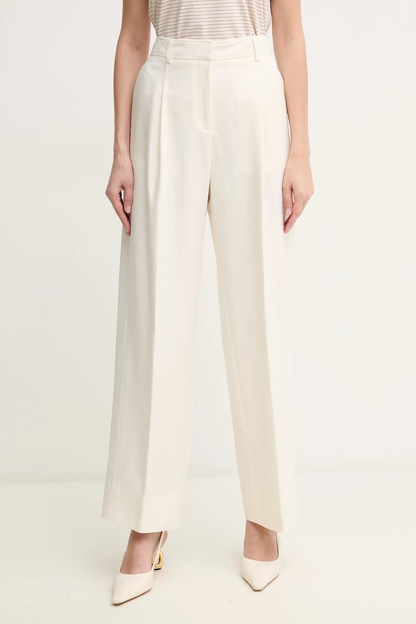 BOSS Orange pantaloni din amestec de in femei, culoarea bej, drept, high waist, 50546207 BOSS Orange pantaloni din amestec de in femei, culoarea bej, drept, high waist, 50546207
