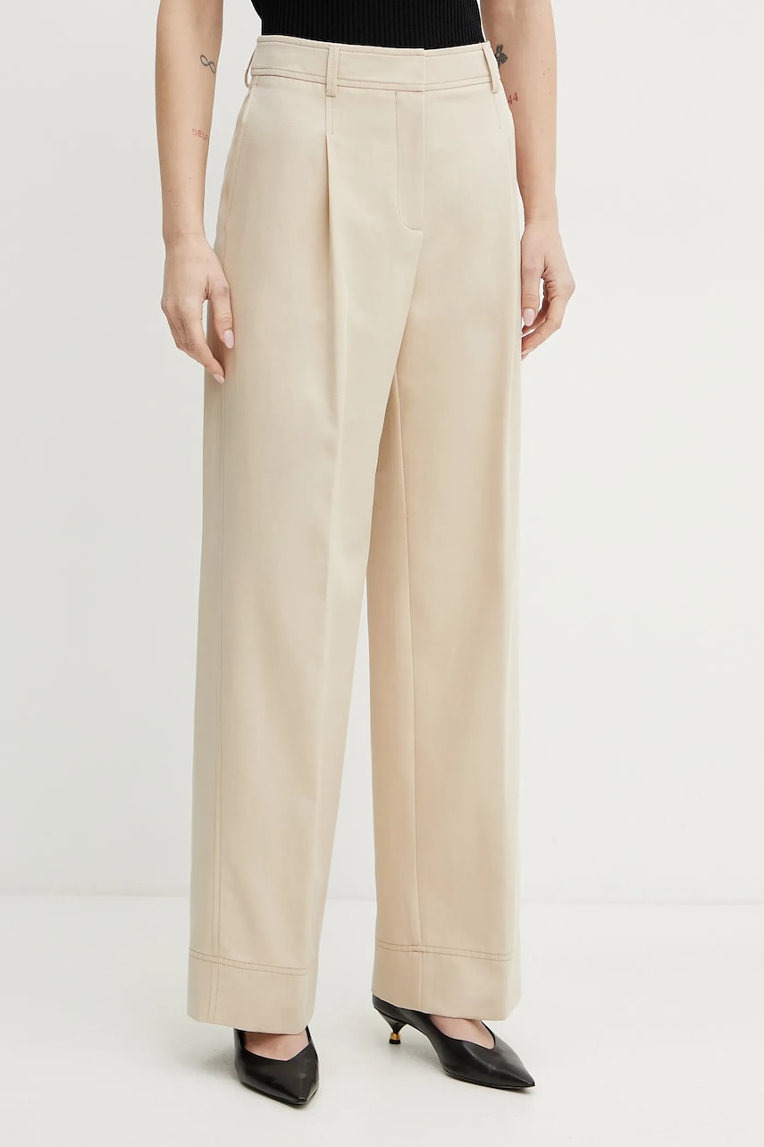 BOSS Orange pantaloni din amestec de in femei, culoarea bej, drept, high waist, 50546207