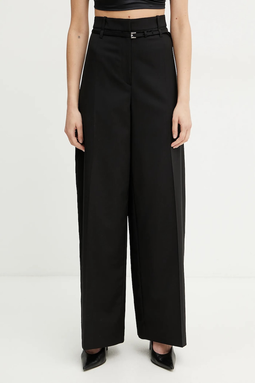 BOSS pantaloni de lana femei, culoarea negru, lat, high waist, 50537404