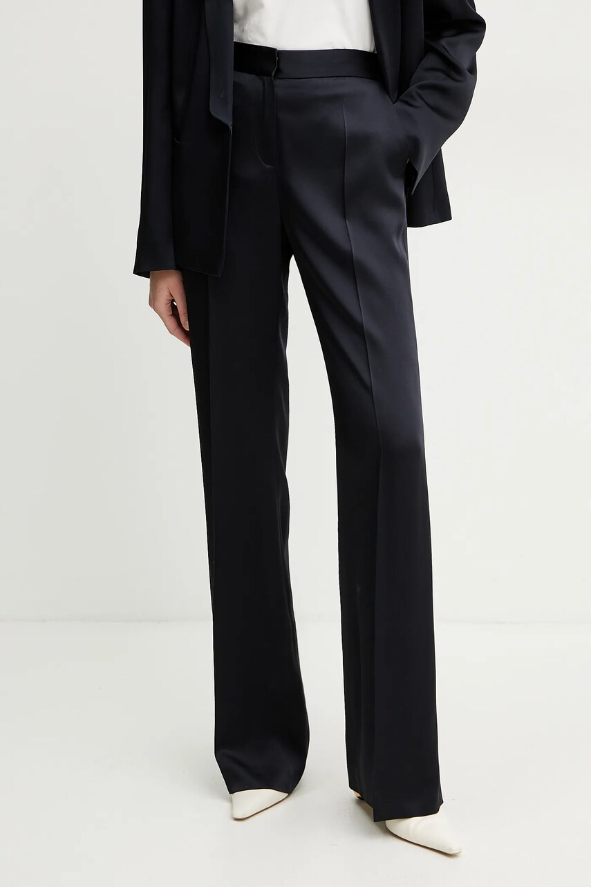 Levně Kalhoty BOSS dámské, tmavomodrá barva, jednoduché, high waist, 50537472
