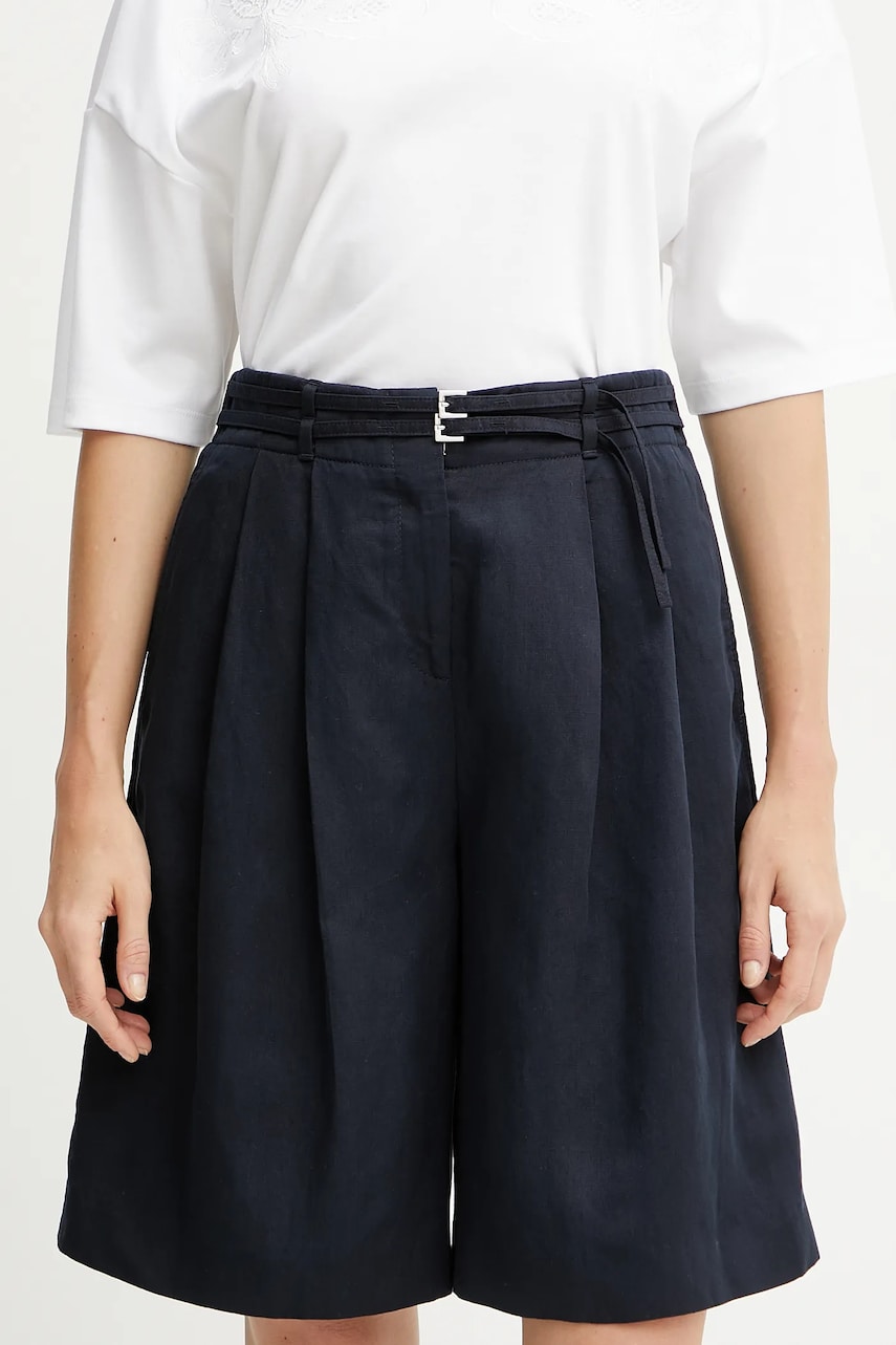 BOSS pantaloni scurți din amestec de in femei, culoarea bleumarin, uni, high waist, 50537809 BOSS pantaloni scurți din amestec de in femei, culoarea bleumarin, uni, high waist, 50537809