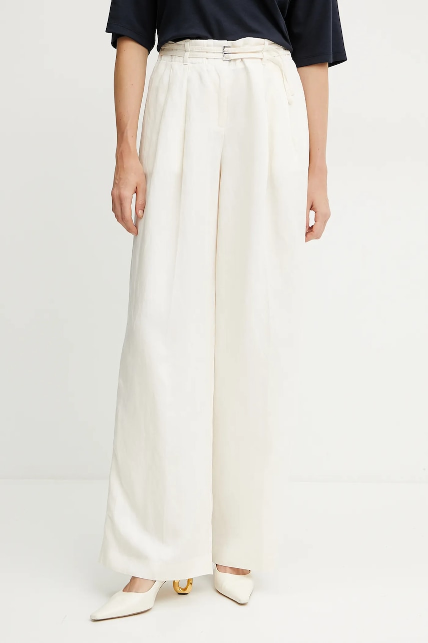 BOSS pantaloni din amestec de in femei, culoarea bej, drept, high waist, 50538045 BOSS pantaloni din amestec de in femei, culoarea bej, drept, high waist, 50538045