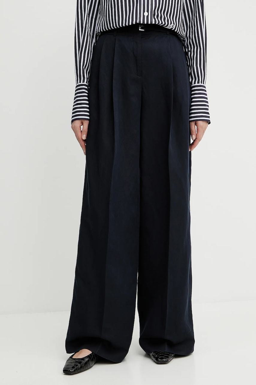 BOSS pantaloni din amestec de in femei, culoarea bleumarin, drept, high waist, 50538045