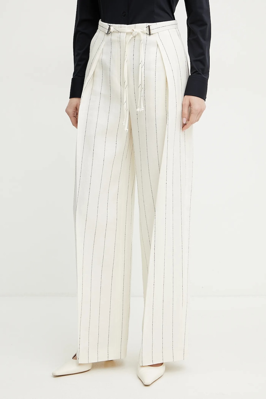 BOSS pantaloni din in femei, culoarea bej, lat, high waist, 50538216 BOSS pantaloni din in femei, culoarea bej, lat, high waist, 50538216