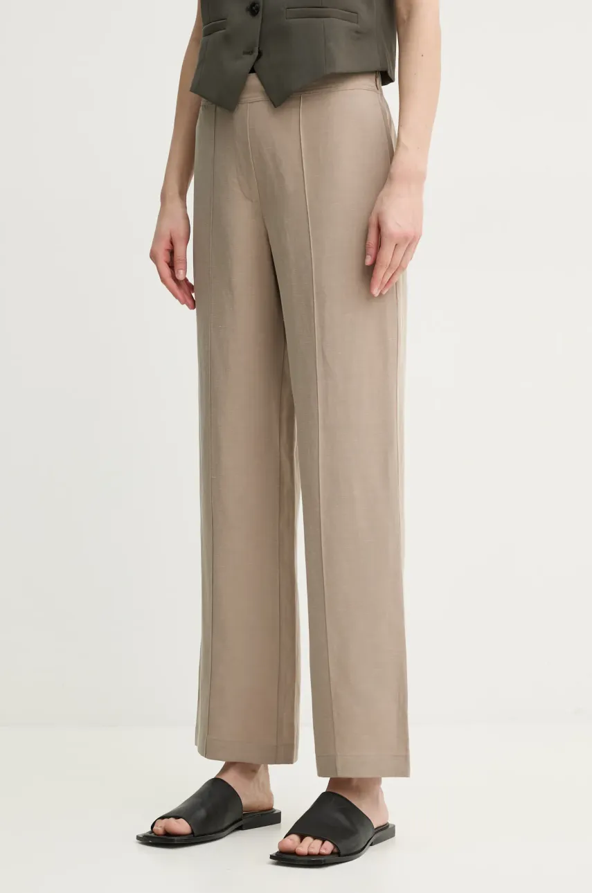 Samsoe Samsoe pantaloni din amestec de in SAHANI culoarea bej, lat, high waist, F25100013