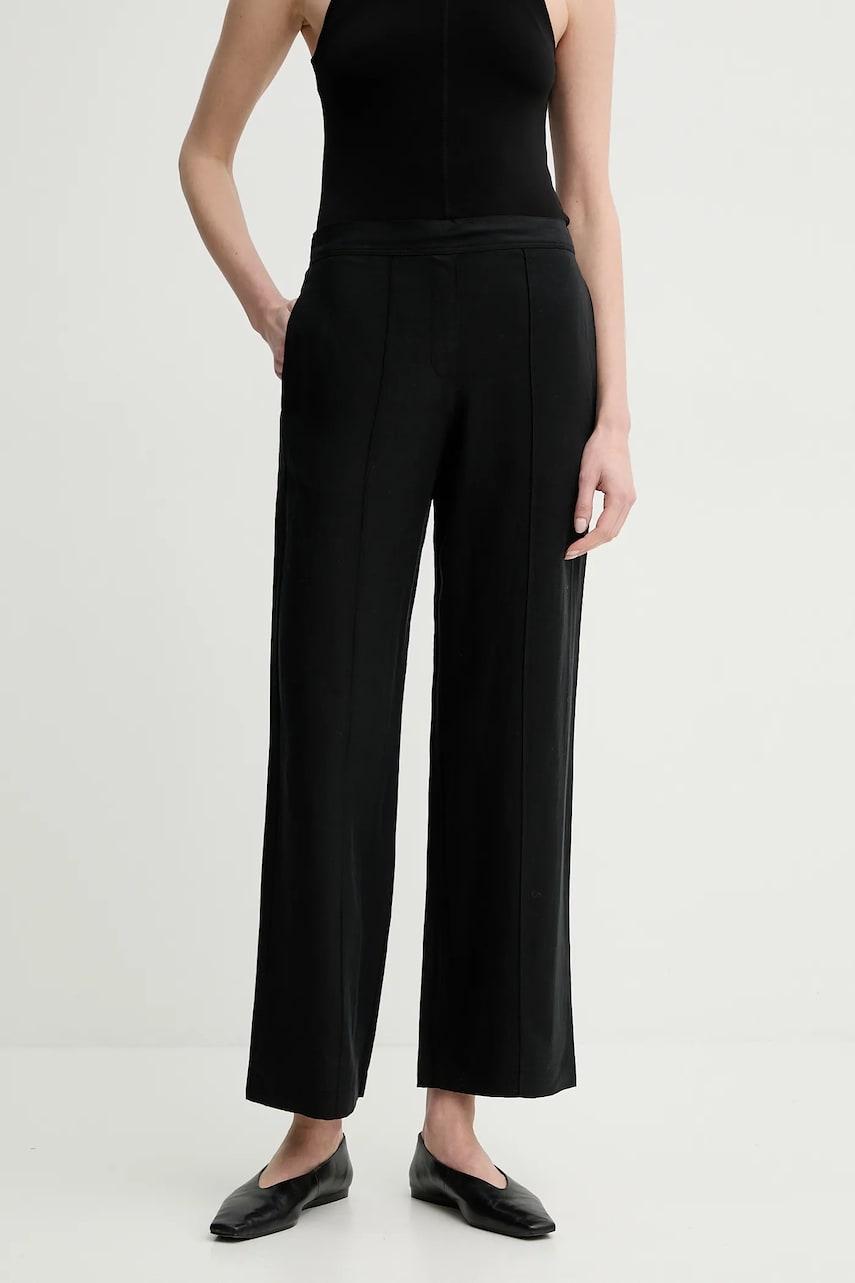 Samsoe Samsoe pantaloni din amestec de in SAHANI culoarea negru, lat, high waist, F25100013 Samsoe Samsoe pantaloni din amestec de in SAHANI culoarea negru, lat, high waist, F25100013