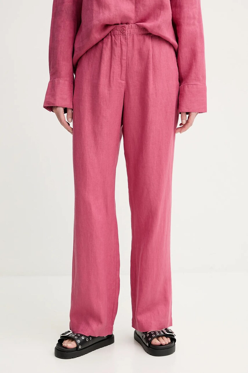 Levně Lněné kalhoty Samsoe Samsoe SATOVE růžová barva, jednoduché, high waist, F25100016
