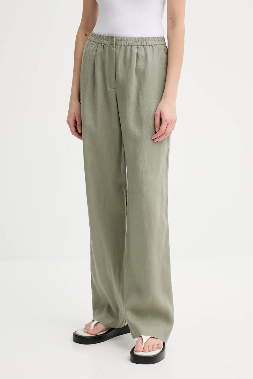 Samsoe Samsoe pantaloni din in SATOVE culoarea verde, drept, high waist, F25100016