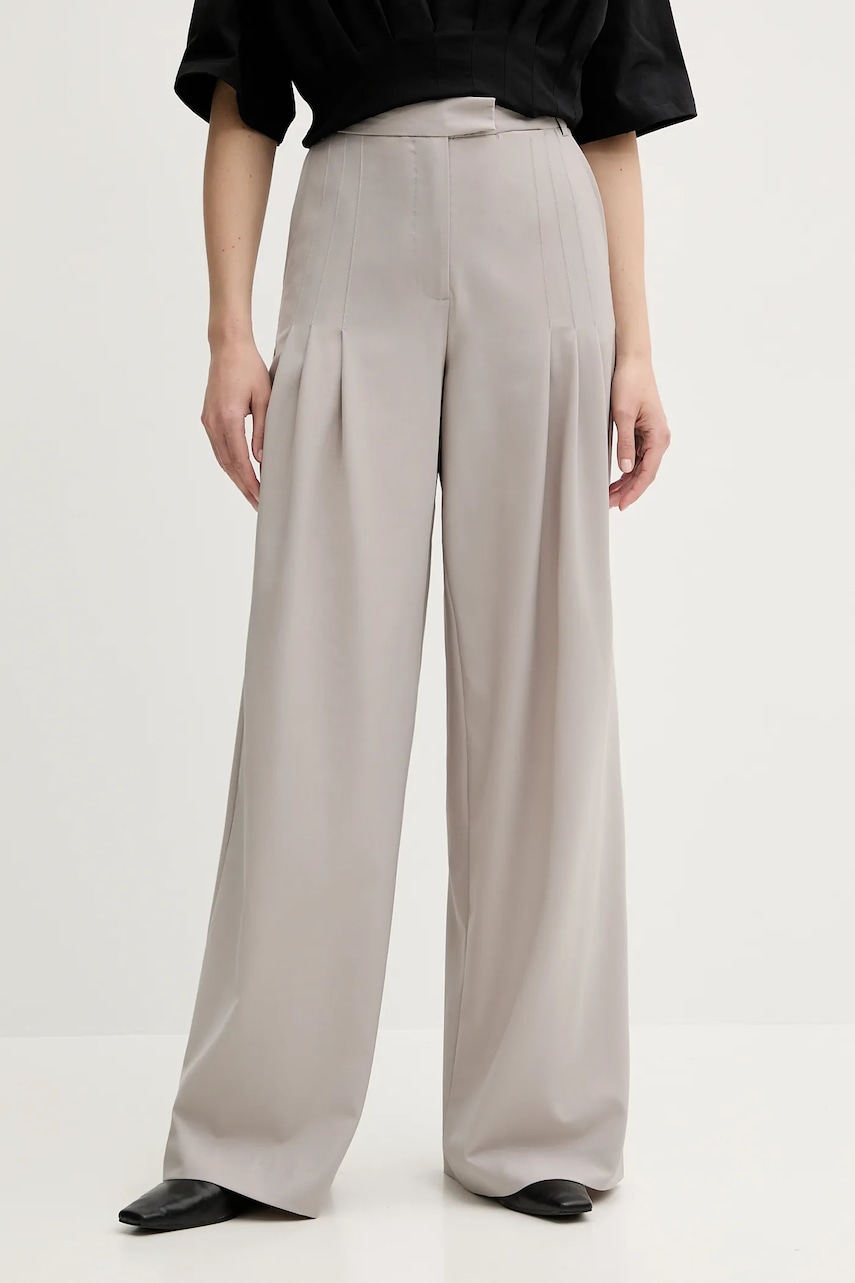 Remain pantaloni din lână culoarea gri, lat, high waist, 5024733058