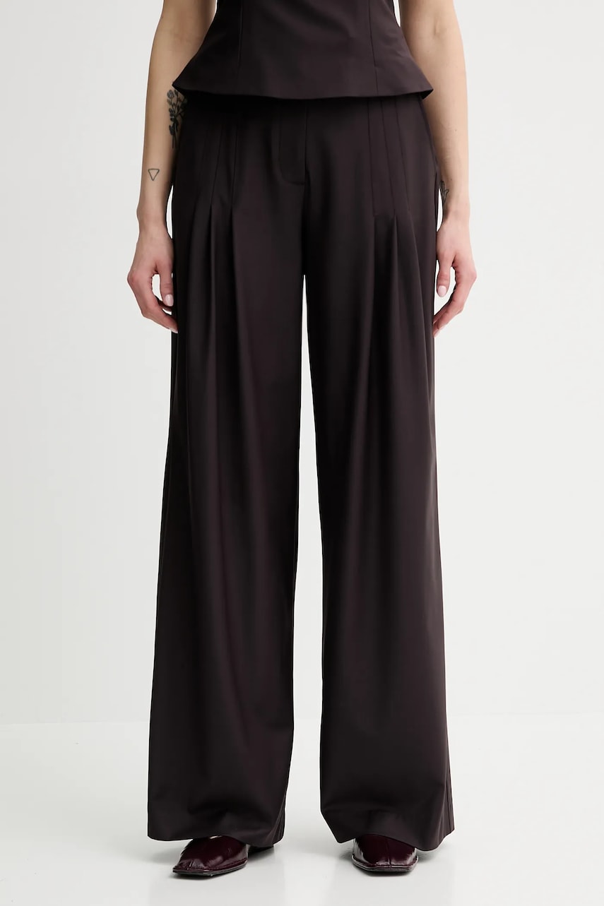 Remain pantaloni din lână culoarea maro, lat, high waist, 502473578