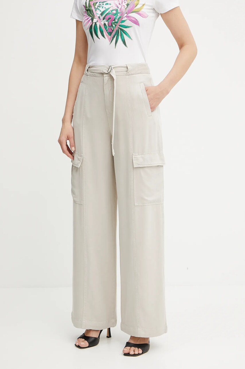 Levně Kalhoty Guess AGATHA dámské, béžová barva, široké, high waist, W5GA1T WDP85