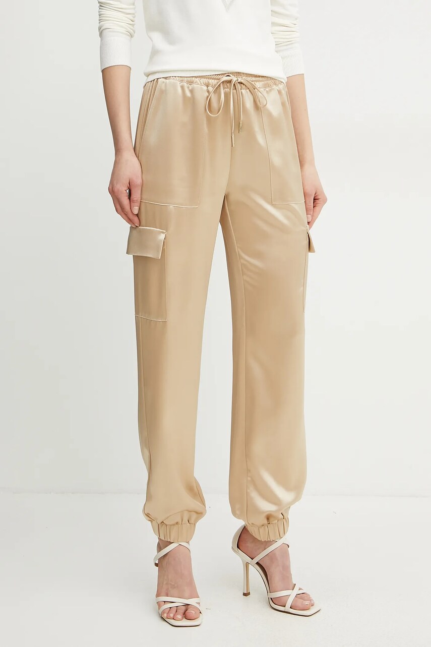 Levně Kalhoty Guess NEW MARZIA dámské, béžová barva, high waist, W5GB08 WG7C0
