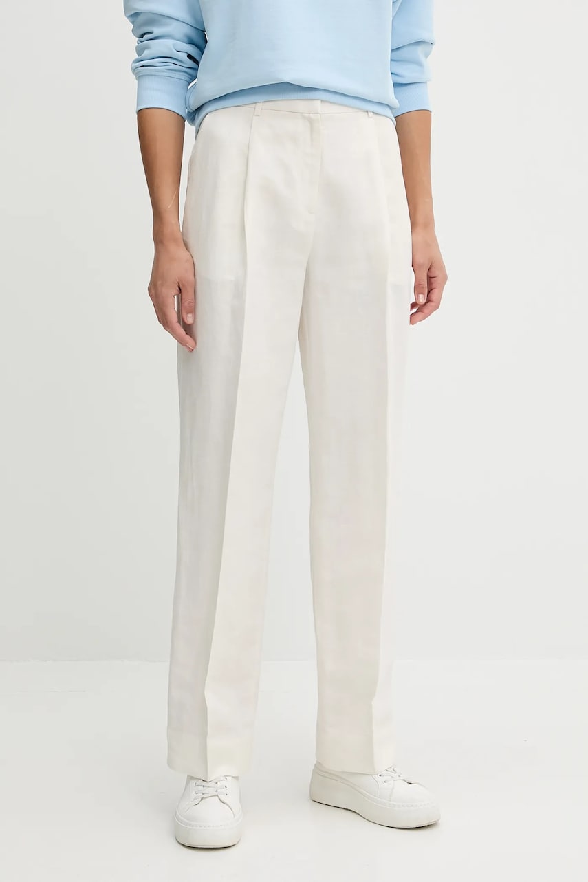 Levně Lněné kalhoty Calvin Klein béžová barva, high waist, LV044B623G