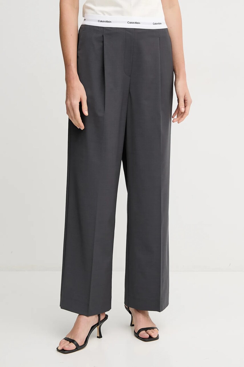 Levně Vlněné kalhoty Calvin Klein dámské, šedá barva, jednoduché, high waist, LV044B668G