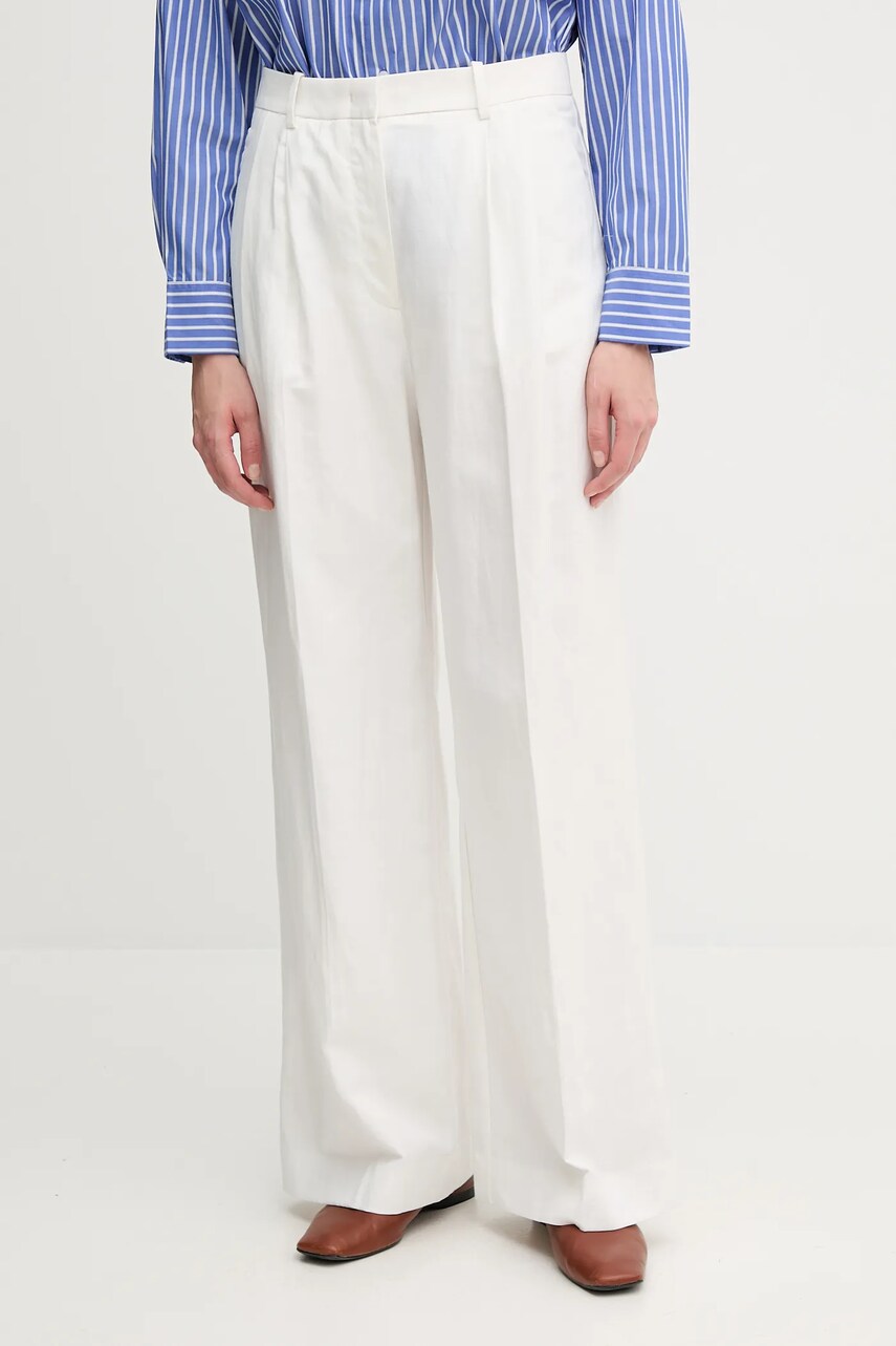 Levně Kalhoty s příměsí lnu Tommy Hilfiger dámské, bílá barva, široké, high waist, WW0WW47214
