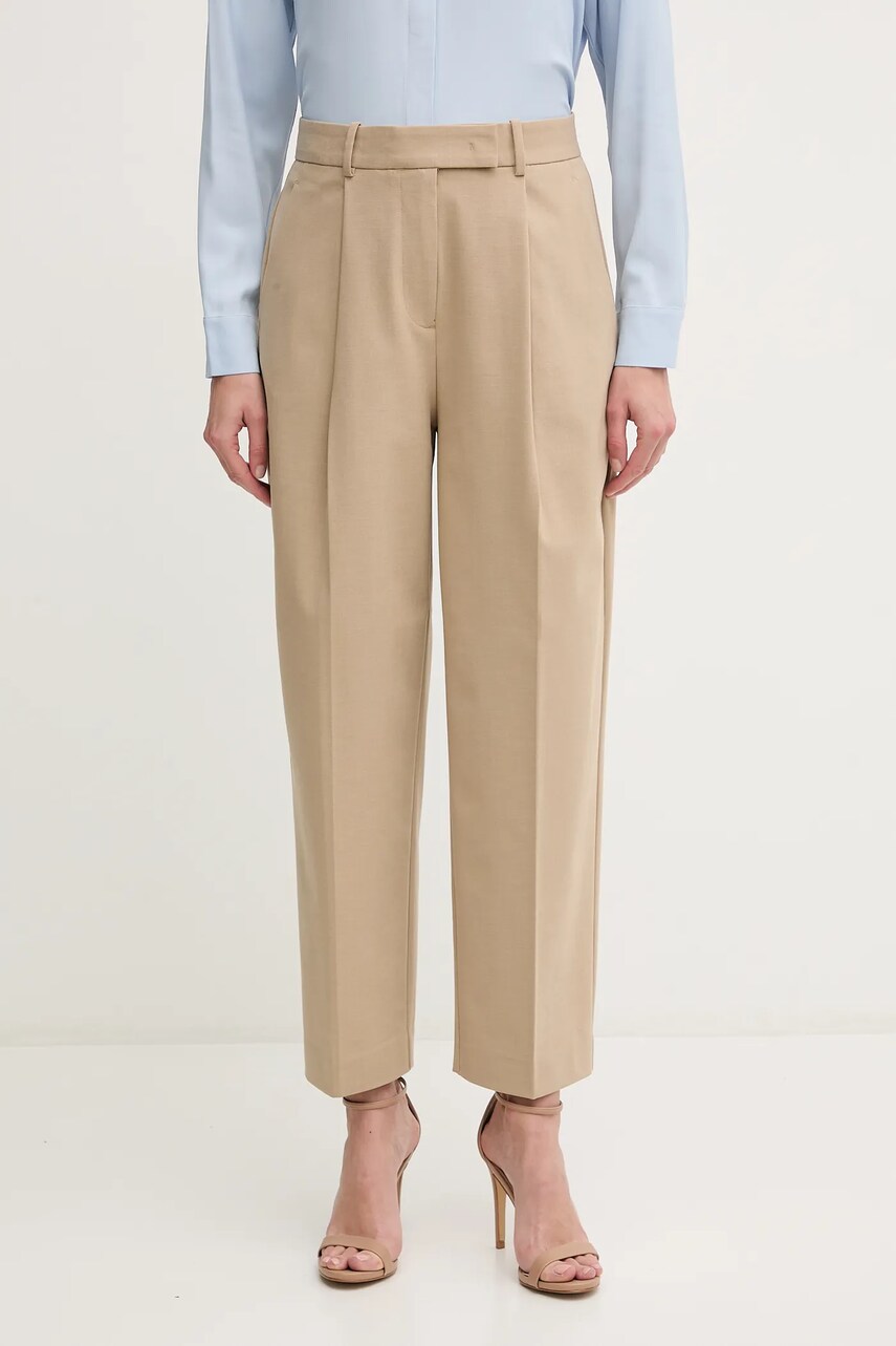 Levně Kalhoty Tommy Hilfiger dámské, béžová barva, jednoduché, high waist, WW0WW44793