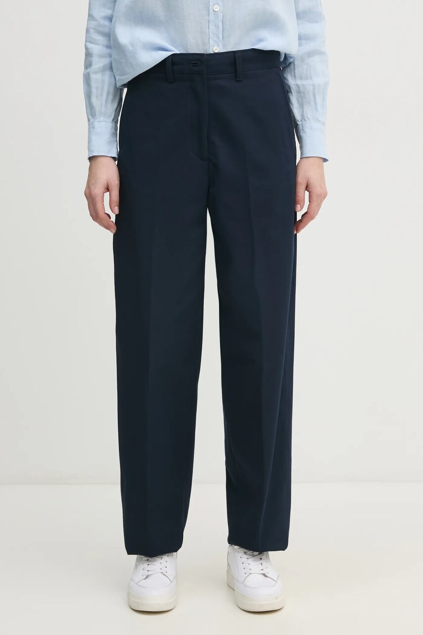 Levně Bavlněné kalhoty Tommy Hilfiger tmavomodrá barva, jednoduché, high waist, WW0WW45487