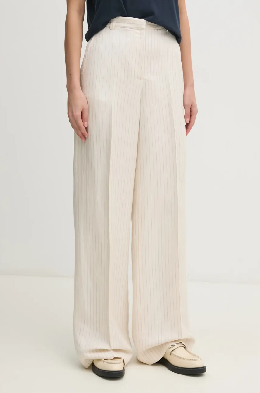 Kalhoty s příměsí lnu Tommy Hilfiger béžová barva, high waist, WW0WW45464