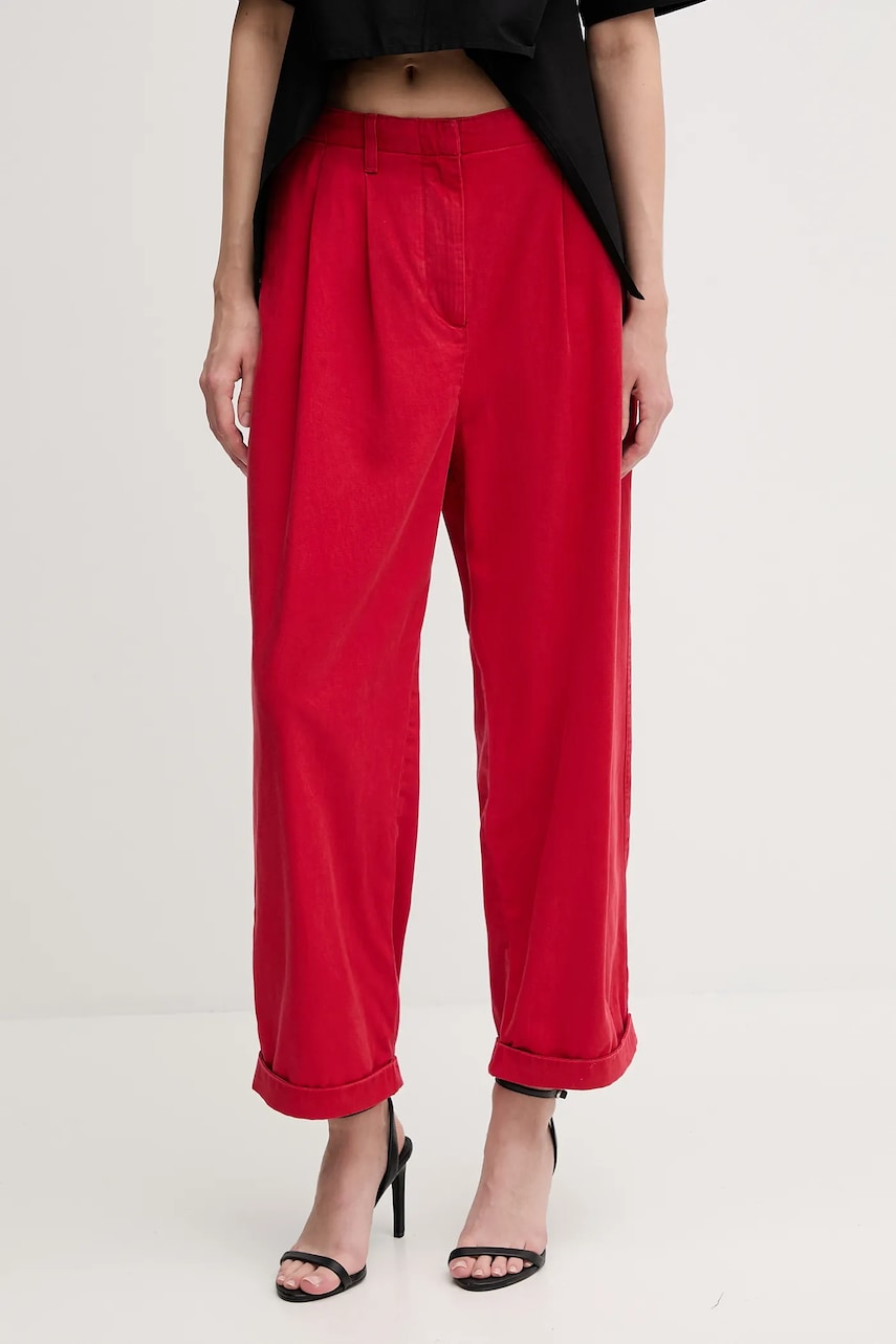 Levně Kalhoty Tommy Hilfiger dámské, červená barva, široké, high waist, WW0WW45589