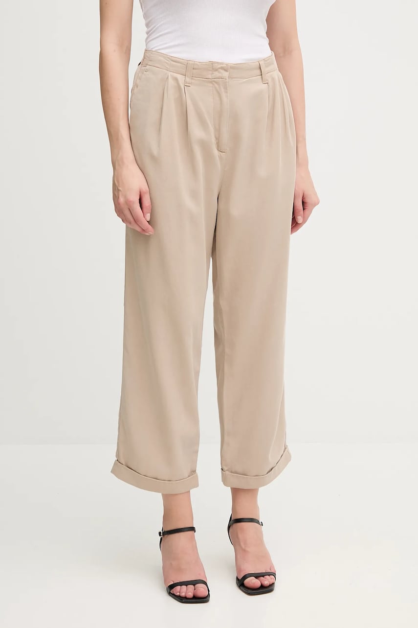 Levně Kalhoty Tommy Hilfiger dámské, béžová barva, široké, high waist, WW0WW45589