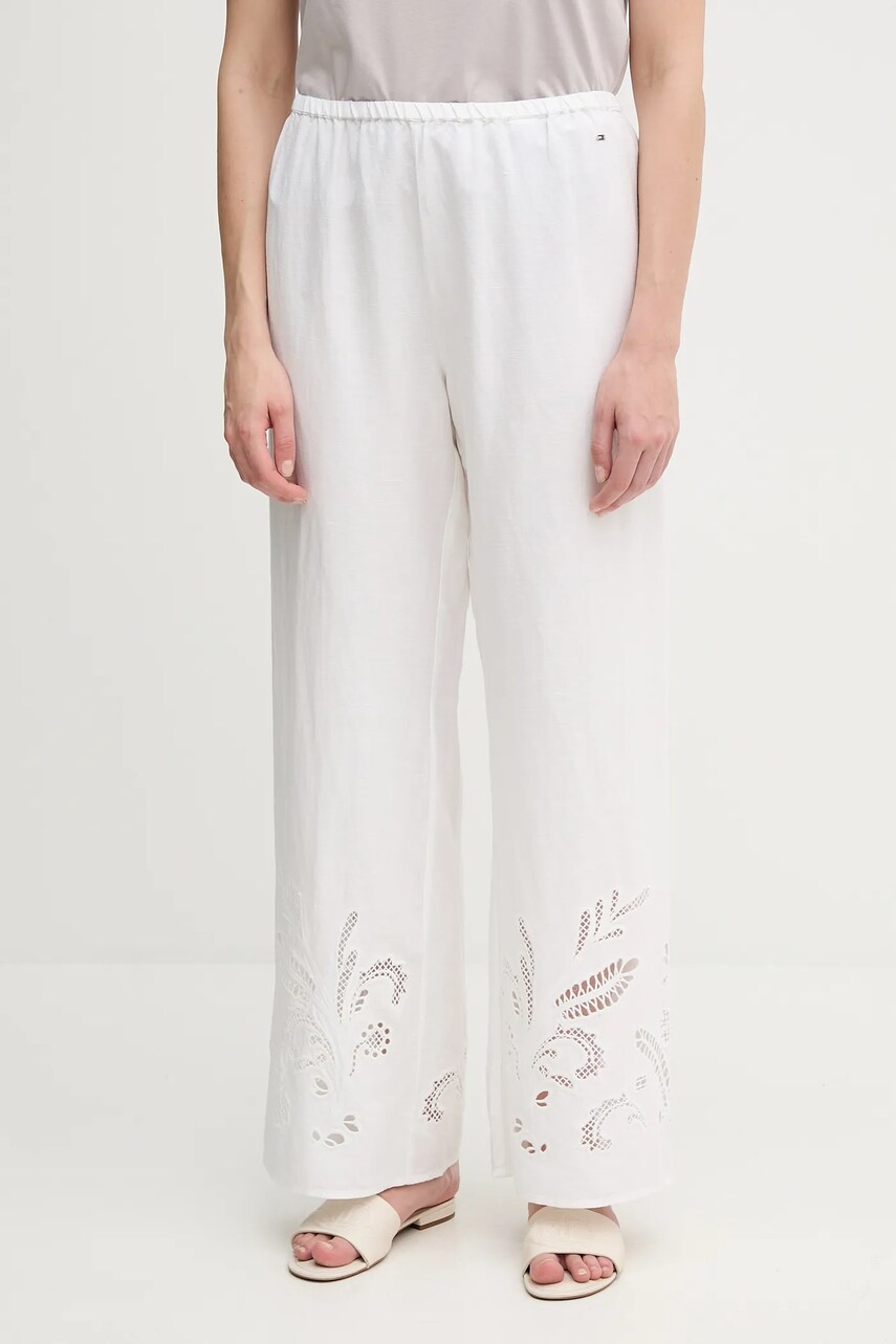 Levně Lněné kalhoty Tommy Hilfiger dámské, béžová barva, high waist, WW0WW44782