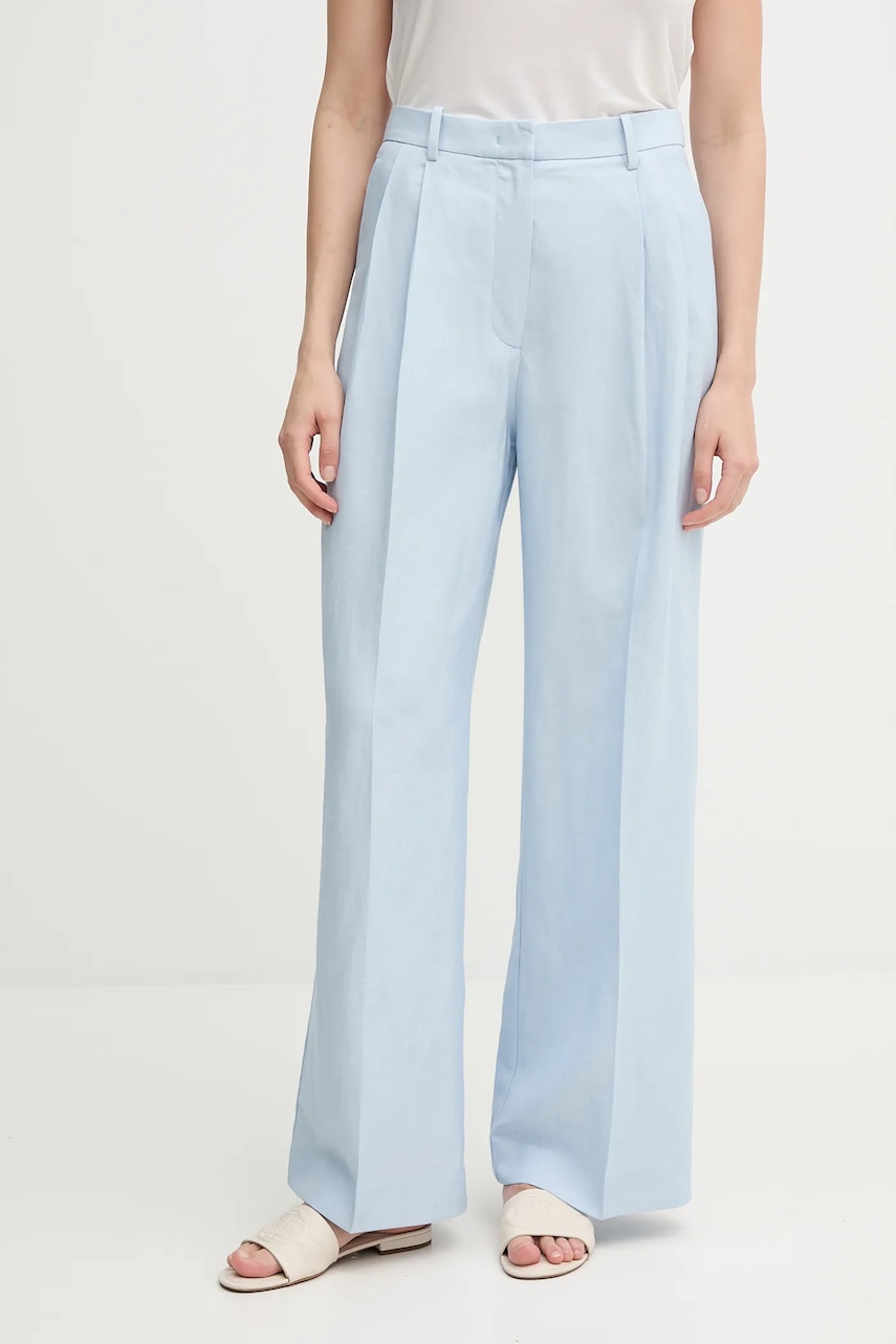 Levně Kalhoty s příměsí lnu Tommy Hilfiger dámské, modrá barva, high waist, WW0WW45460