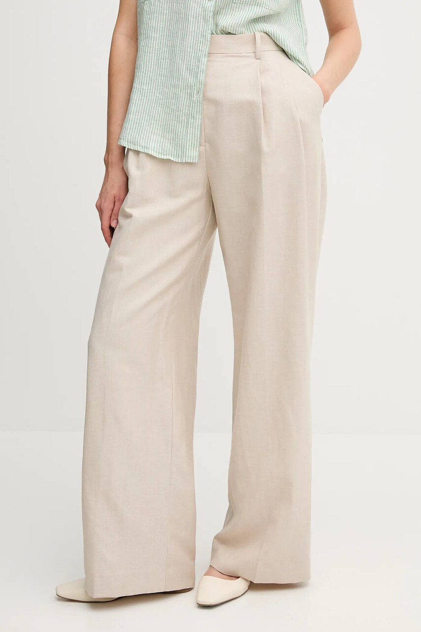 Levně Kalhoty s příměsí lnu Tommy Hilfiger dámské, béžová barva, high waist, WW0WW45460