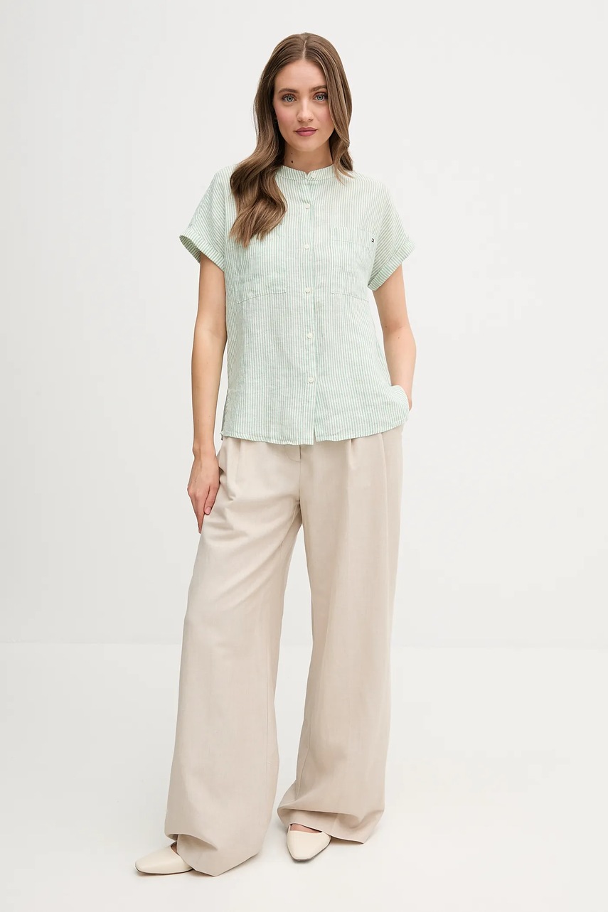 Брюки с примесью льна Tommy Hilfiger цвет бежевый прямые высокая посадка WW0WW45460