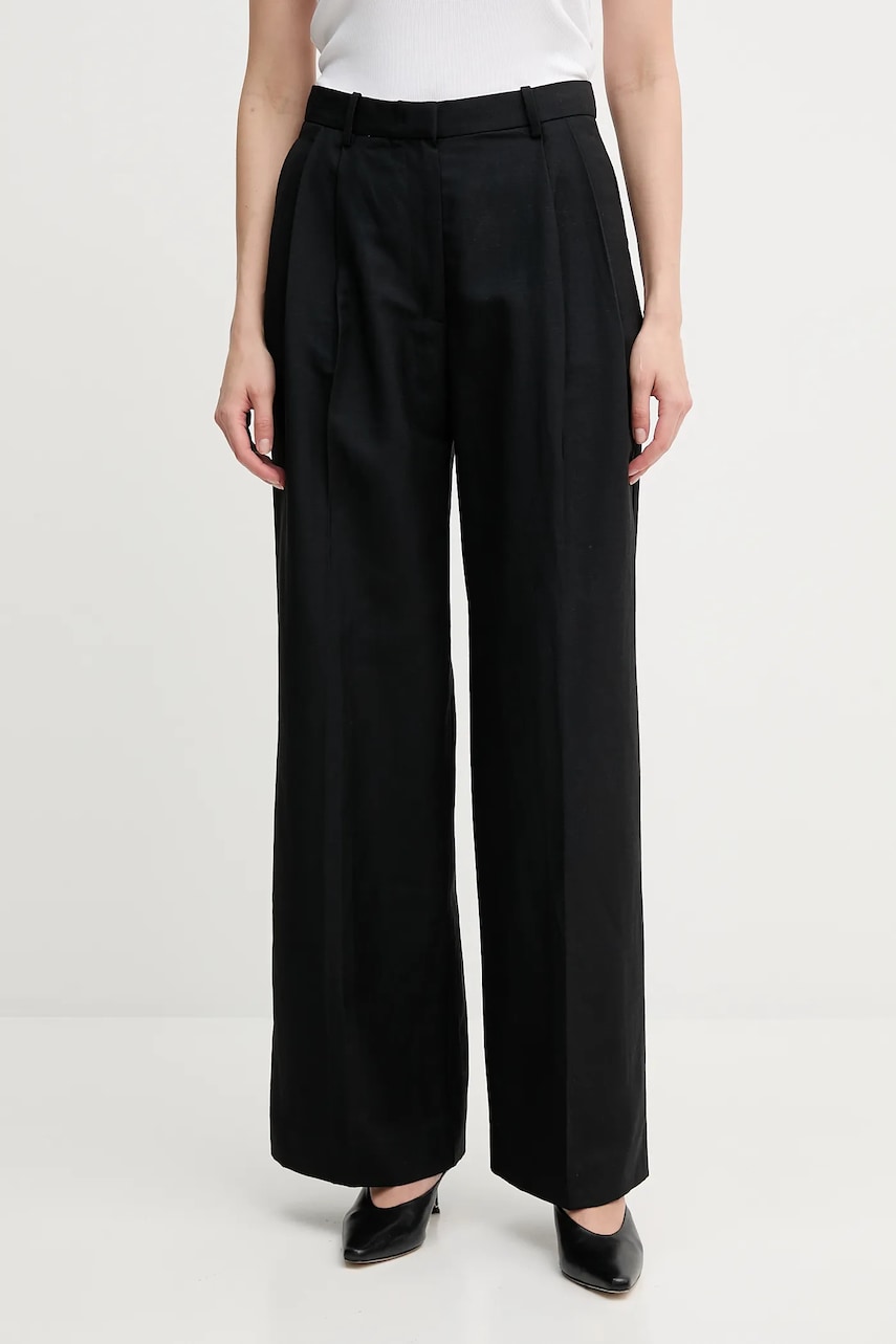 Levně Kalhoty s příměsí lnu Tommy Hilfiger dámské, černá barva, high waist, WW0WW45460