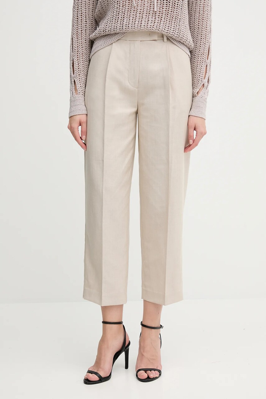 Levně Kalhoty s příměsí lnu Tommy Hilfiger dámské, béžová barva, high waist, WW0WW45461