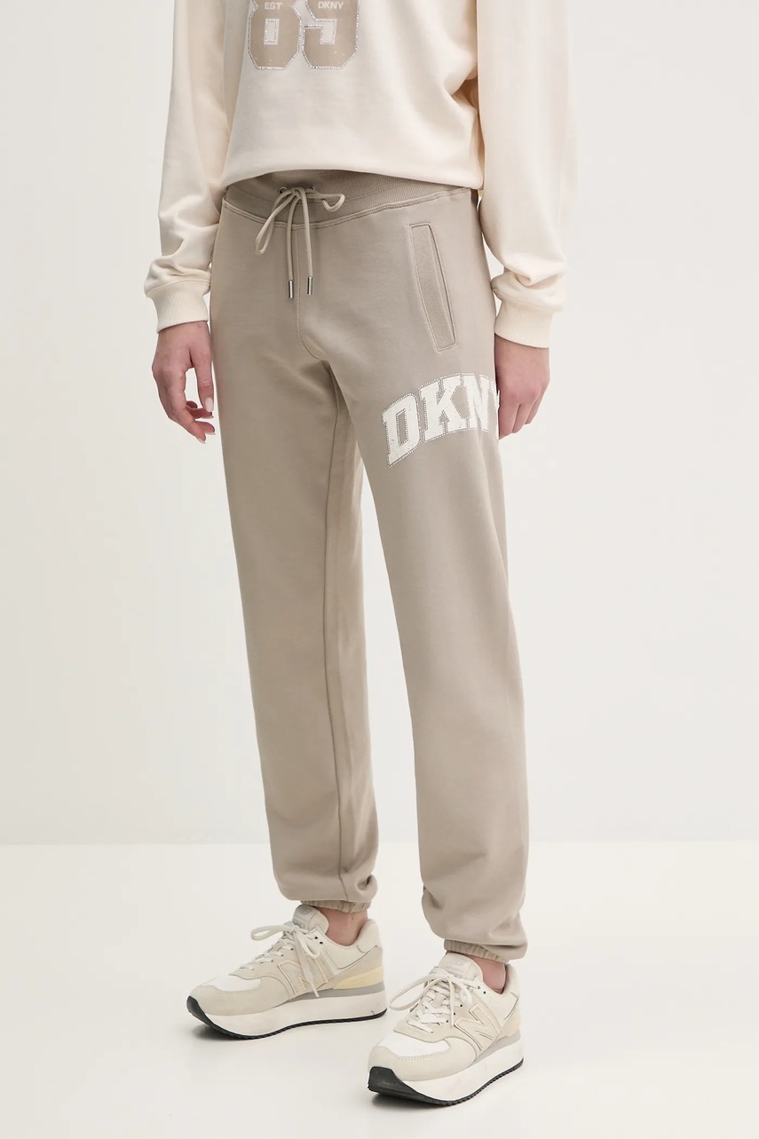 Dkny pantaloni de trening din bumbac femei, culoarea bej, cu imprimeu, DP5P3615