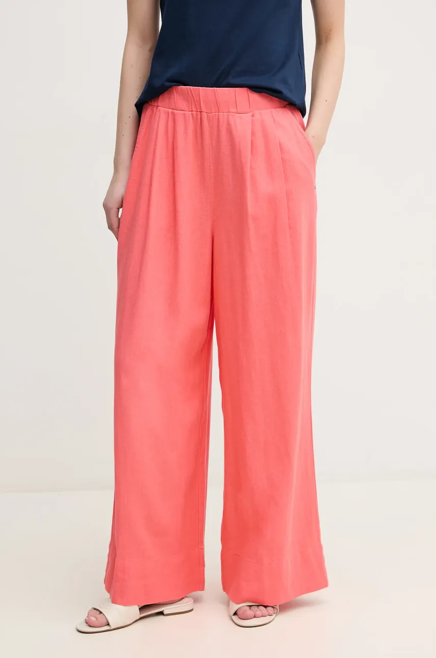 Dkny pantaloni din in femei, culoarea portocaliu, lat, high waist, DJ5P3017