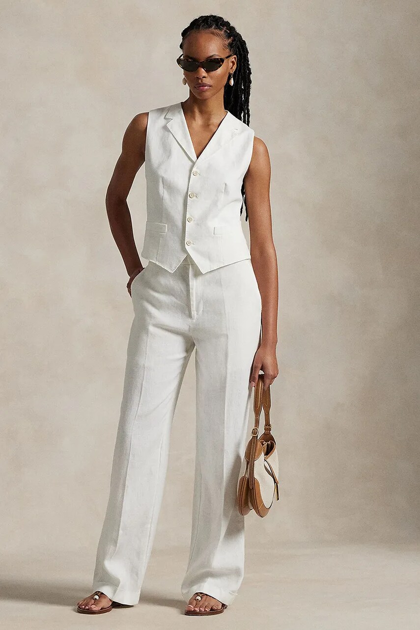 Levně Lněné kalhoty Polo Ralph Lauren dámské, bílá barva, široké, high waist, 211935401