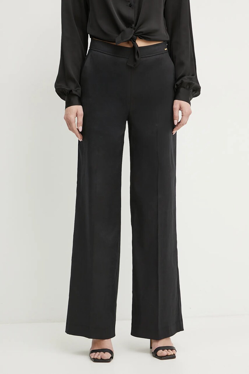 Levně Lněné kalhoty Guess ISABEAU dámské, černá barva, jednoduché, high waist, W5GB54 WH5L2