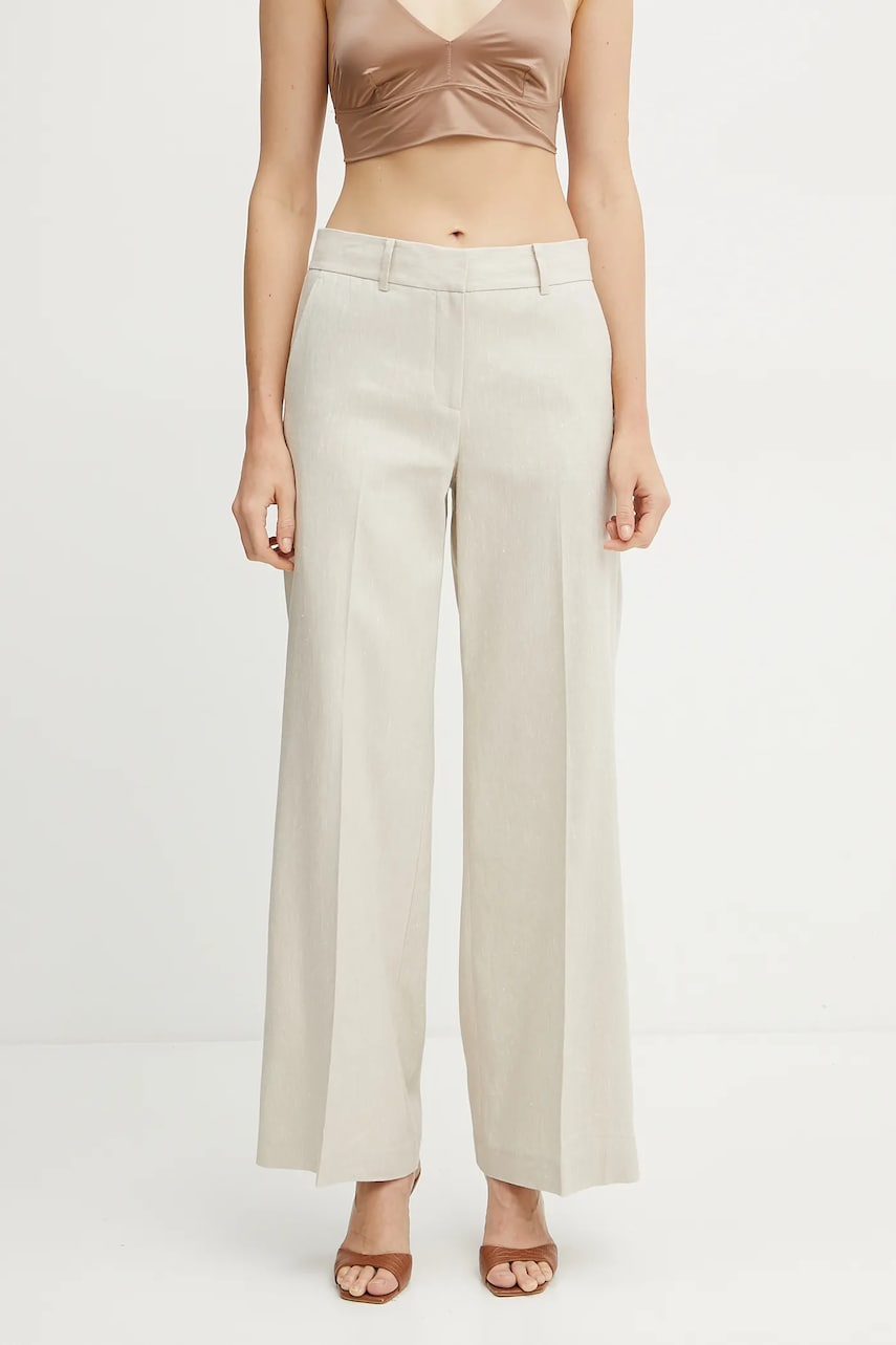 MICHAEL Michael Kors pantaloni din in femei, culoarea bej, drept, high waist, MS530TFH6R MICHAEL Michael Kors pantaloni din in femei, culoarea bej, drept, high waist, MS530TFH6R