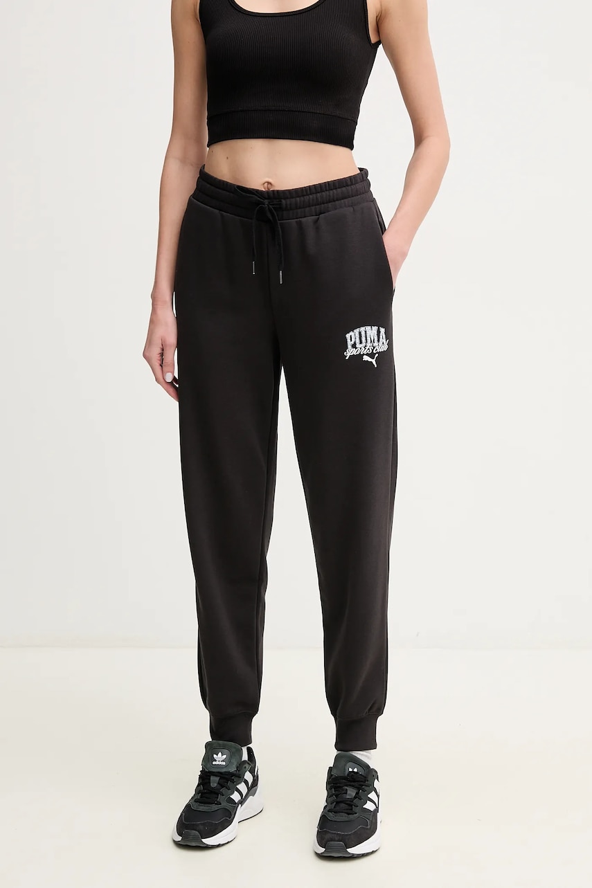 Puma pantaloni de trening femei, culoarea negru, cu imprimeu, 685037 Puma pantaloni de trening femei, culoarea negru, cu imprimeu, 685037