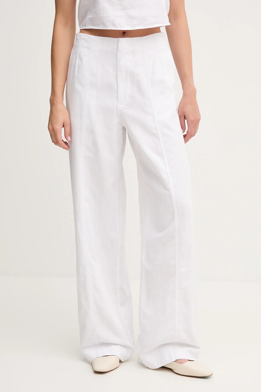 Levně Kalhoty s příměsí lnu Calvin Klein Jeans dámské, bílá barva, high waist, J20J225340