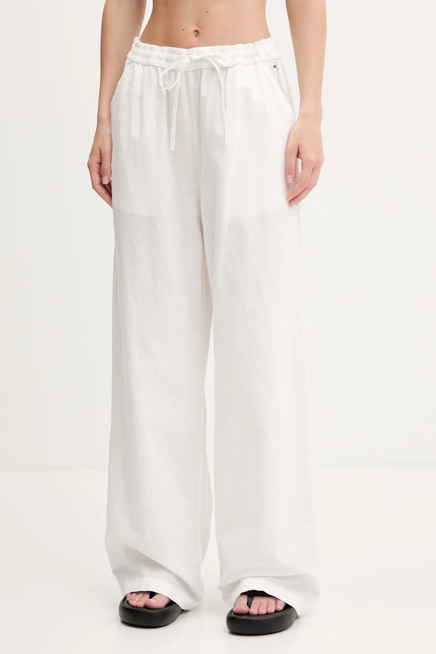 Tommy Jeans pantaloni din amestec de in femei, culoarea bej, lat, high waist, DW0DW20352
