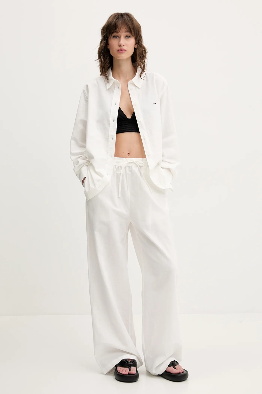 Брюки с примесью льна Tommy Jeans женские цвет бежевый широкие высокая посадка DW0DW20352