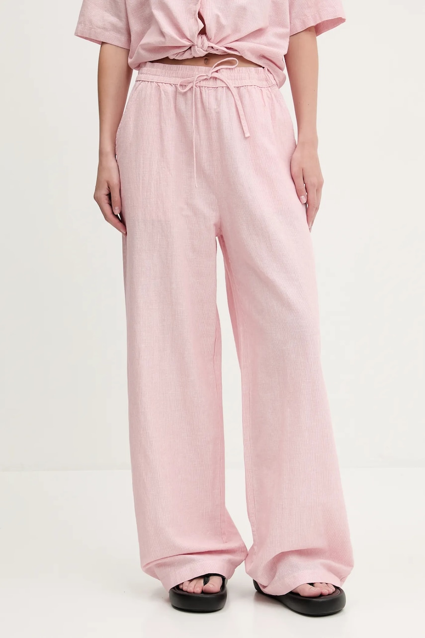 Tommy Jeans pantaloni din amestec de in femei, culoarea roz, lat, high waist, DW0DW20352