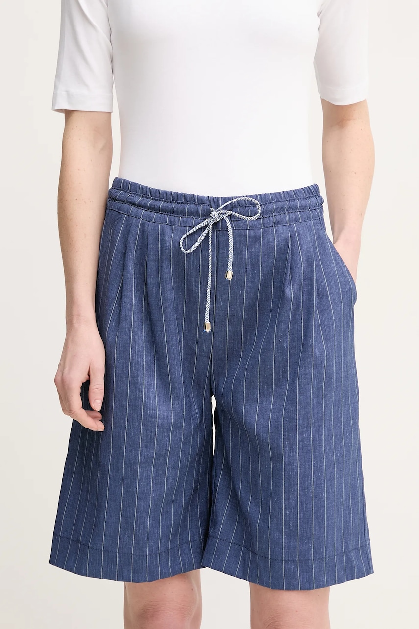 La Petite Française pantaloni scurți din amestec de in SOLANGE femei, culoarea bleumarin, cu imprimeu, high waist, SOLANGE