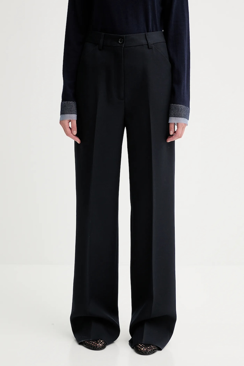 Bally pantaloni de lână culoarea bleumarin, lat, high waist, WTR03W