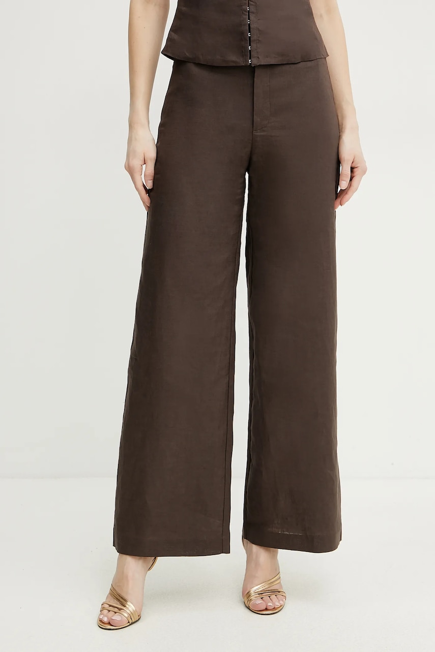 Bardot pantaloni din in ENYA femei, culoarea maro, lat, high waist, 58427PB3 Bardot pantaloni din in ENYA femei, culoarea maro, lat, high waist, 58427PB3