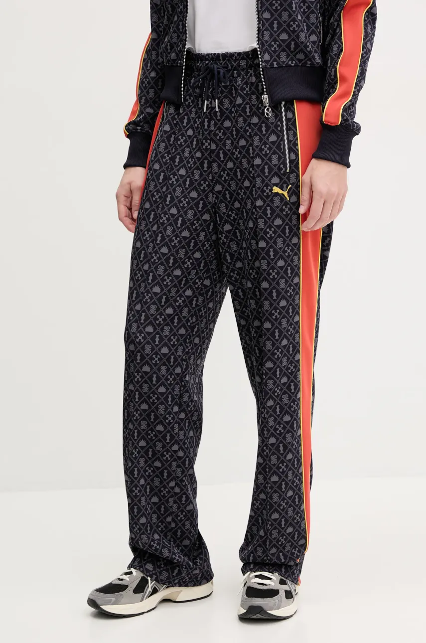 Puma pantaloni de trening femei, culoarea albastru marin, cu imprimeu, 629794