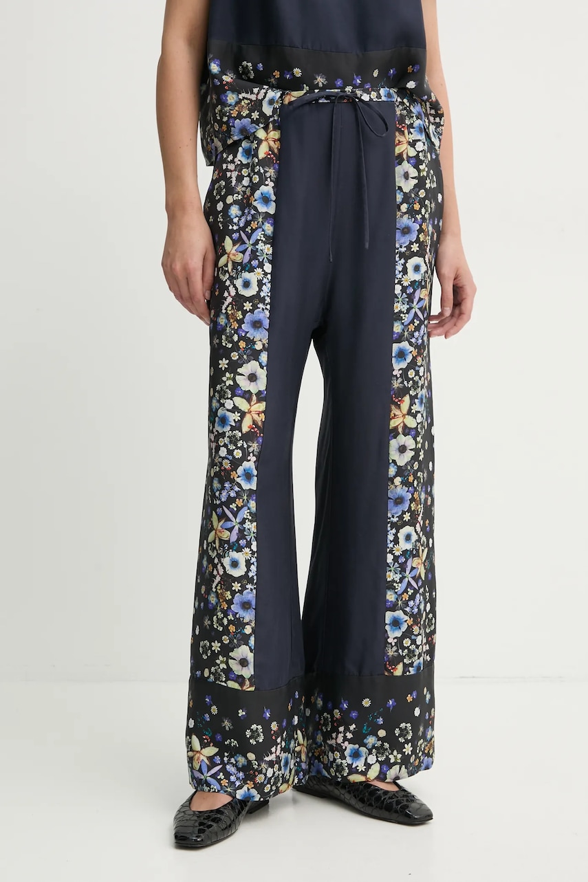 MUNTHE pantaloni de matase FABERT culoarea albastru marin, drept, high waist, 251140025118 MUNTHE pantaloni de matase FABERT culoarea albastru marin, drept, high waist, 251140025118